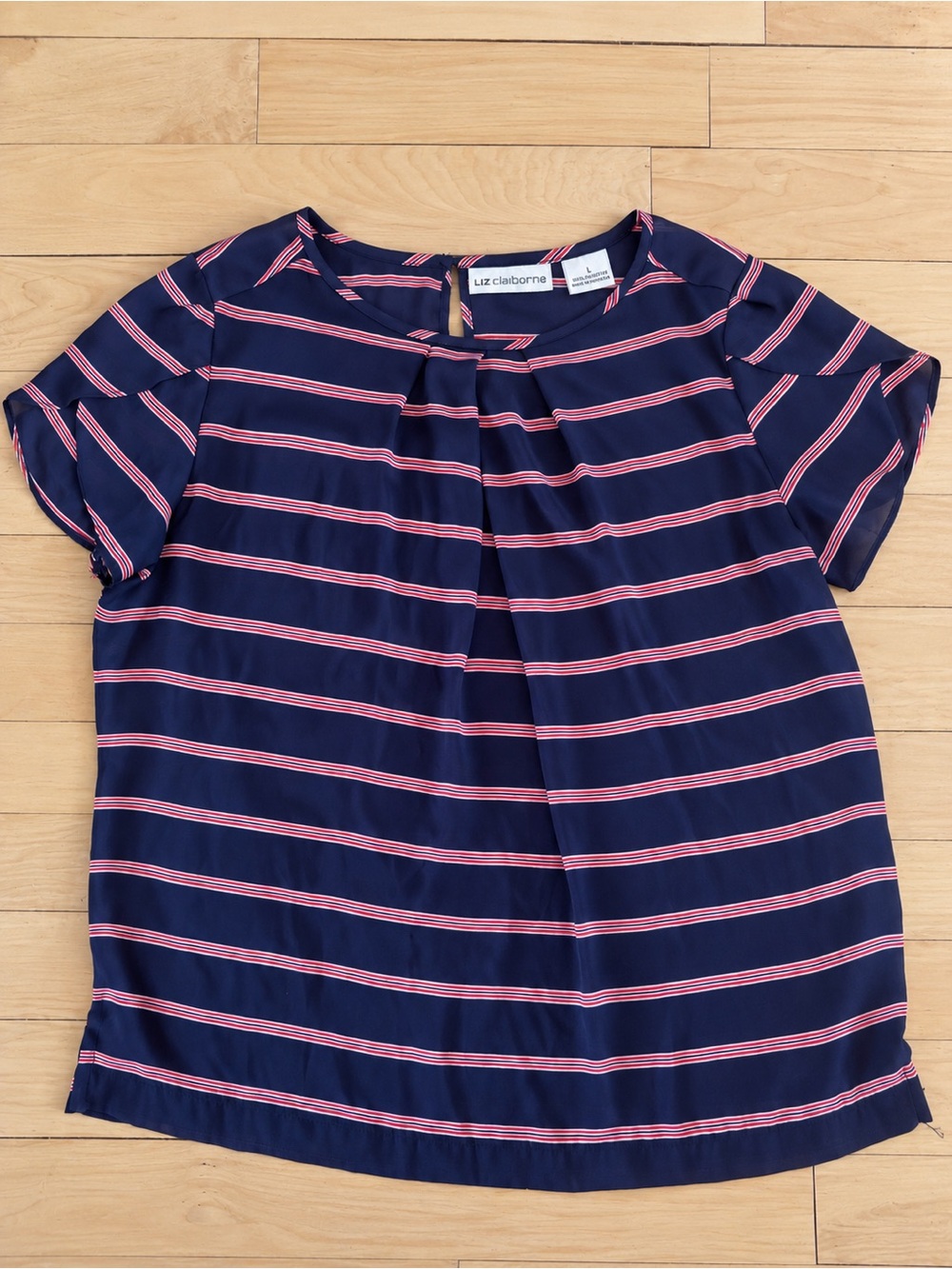 Liz Claiborne Navy Red & White Striped Short Sleeve Blouse L